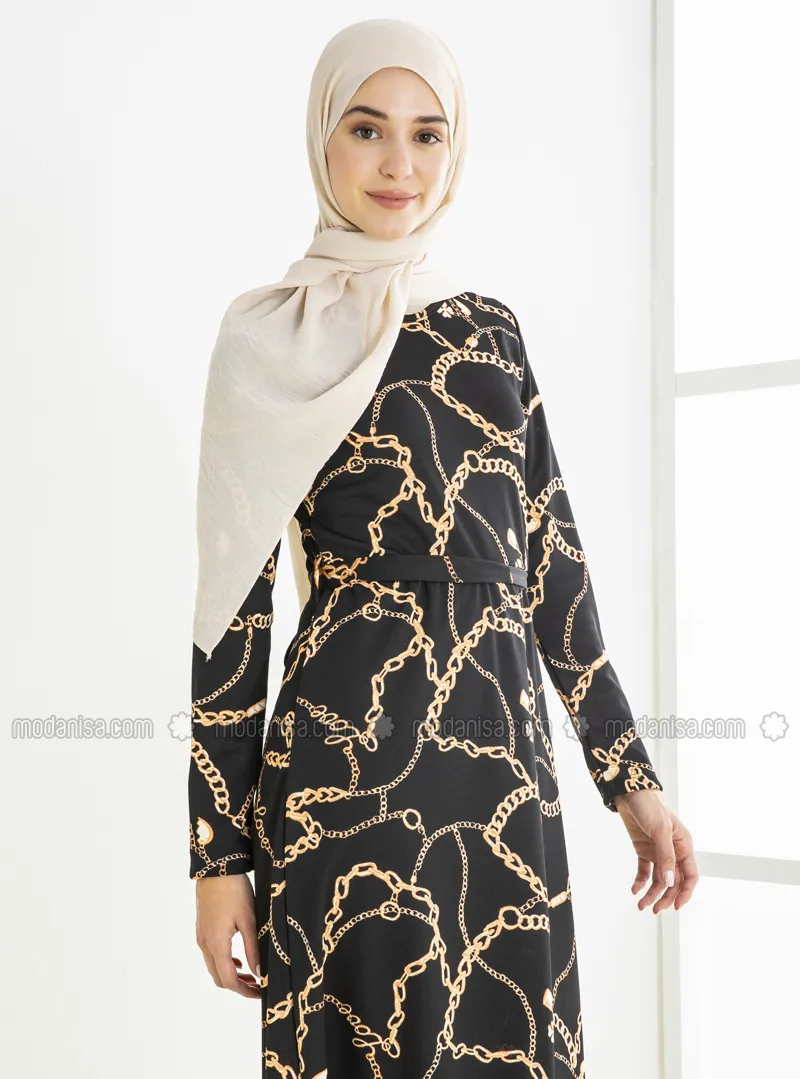 Chain Patterned Belt Detailed Modest Dress Black