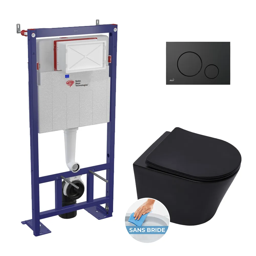 Swiss Aqua Technologies Pack WC bâti-autoportant + WC Infinitio noir mat sans bride + Abattant softclose + Plaque noire mat (SMA