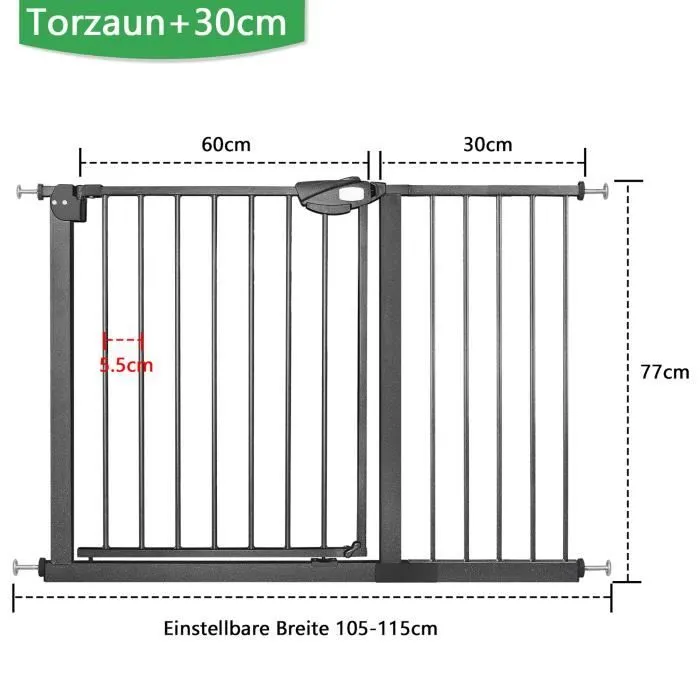 XMTECH Barriere de Securite, Longueur réglable dim.105-115 cm, Ouverture Double Sens -sans perçage, noir, pour enfants et animau